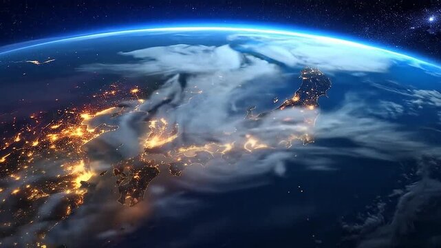 A view of a glowing island nation from outer space at night
