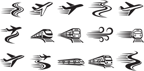 Fast Speed Transportation Icons Set with Airplane Train Road and Delivery Motion Elements © Masuda