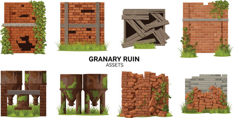 Collection of eight illustrated granary ruin assets featuring brick walls metal silos wooden boards and overgrown vegetation © Faisal