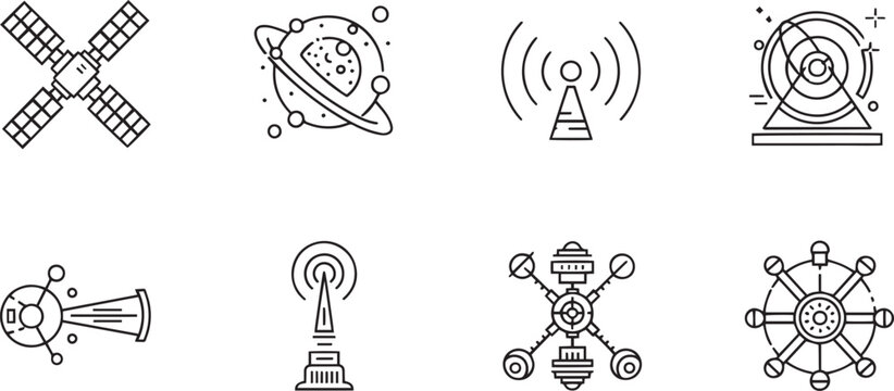 Space Satellite and Telecommunication Broadcast Antenna Line Icons Set