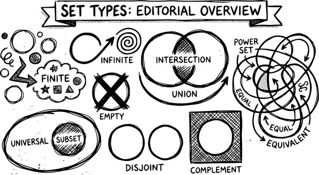 Hand-drawn Black  White Line Art Set Theory Concepts Illustration. Educational Mathematics Doodle depicting finite, infinite, union, intersection, power set, subset, empty, universal