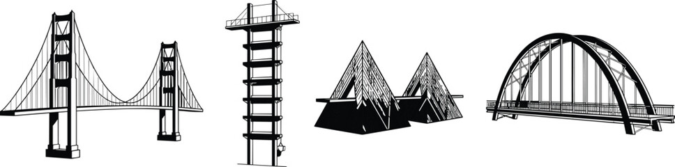 Obraz premium Architectural Landmark Sketch Icons Featuring Suspension Bridge Observation Tower Pyramids and Arch Bridge Vector Illustrations
