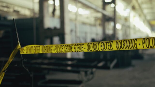 Police crime scene tape securing industrial factory area during investigation