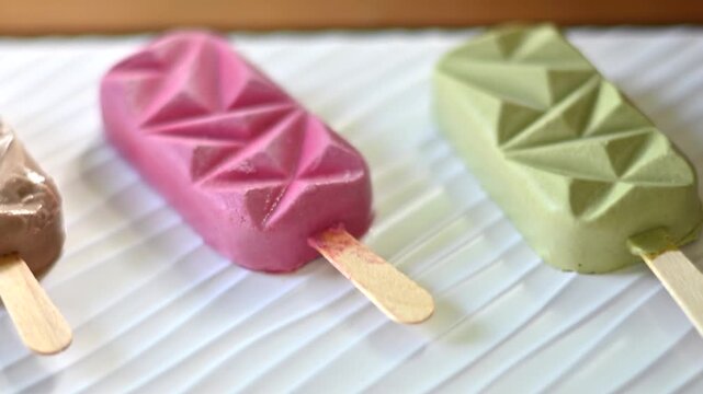 Gourmet popsicle trio with geometric patterns including chocolate berry and green tea flavors video.