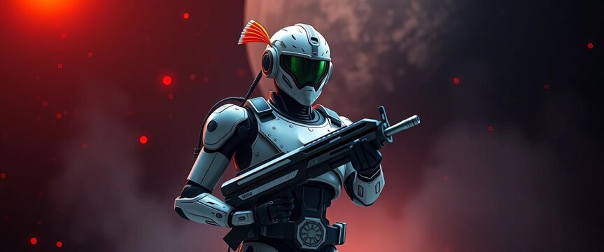 A futuristic Indian soldier robot stands vigilant, armed, indian, technology