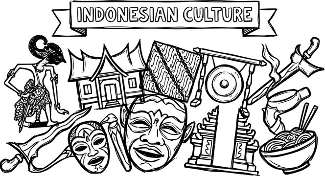 Indonesian Culture Black and White Line Art Illustration. Doodle featuring traditional objects: Wayang puppet, Batik, Keris, Gamelan, Masks, Temples, and Food.