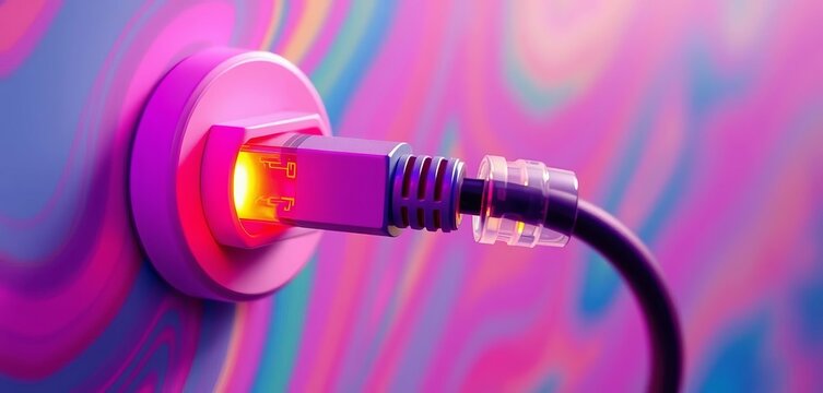A stylized cable being unplugged from a socket, vibrant colors, computer, cord