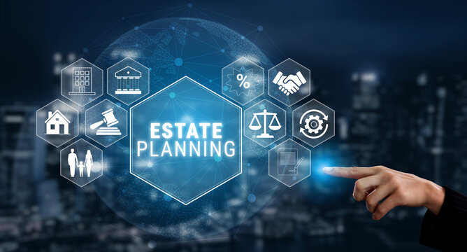 Digital Concept of Estate Planning with Interactive Icons and a Focused Hand Gesture Against a Cityscape Background Quark.