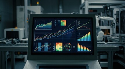 Naklejka premium Medium shot of an AIpowered dashboard displaying resistor line performance with realtime yield charts and trend graphs for predictive quality management.