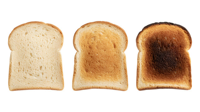 Three slices of bread with different levels of toasting on a white background