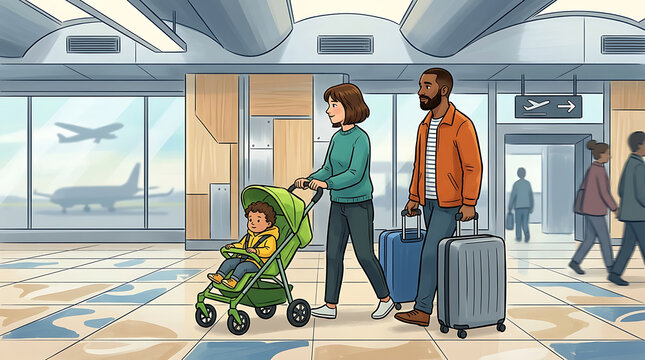 Family traveling with a baby in a stroller at the airport, with luggage and airplane visible through the windows