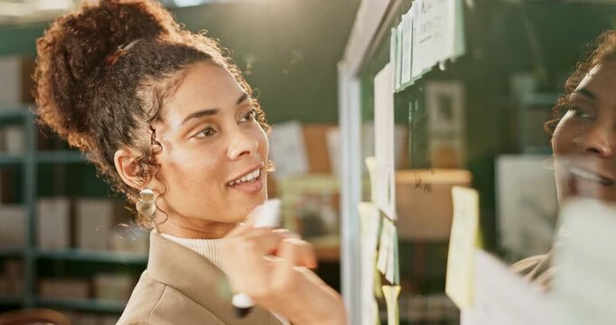 Woman, planning and writing for brainstorming on whiteboard, glass and strategy in office. Startup, success and creative worker with moodboard, sticky note or mind map for vision and working process