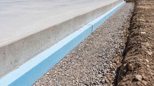 Insulated slab edge detail, Thermal break foundation, Concrete edge close up, Energy efficient construction, Gravel base layer, Technical copy space