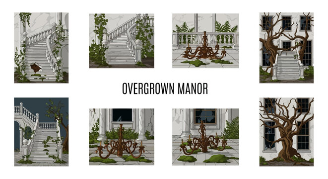 Set of eight illustrations depicting a decaying vinecovered manor with crumbling staircases fallen chandeliers and trees