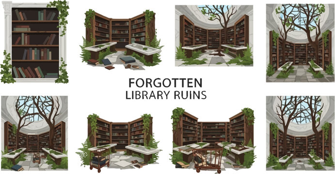 Set of eight illustrations depicting abandoned ruined libraries filled with overgrown trees vines books and debris