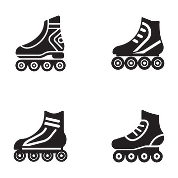 Four black inline skate boots with wheels on white background  roller skates  sports equipment  fitness gear