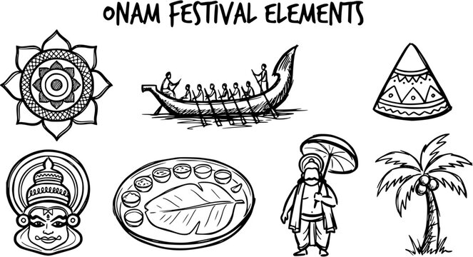 Black and White Line Art of Onam Festival Elements: Boat Race, Sadya, Kathakali, Pookalam, Coconut Tree, Umbrella