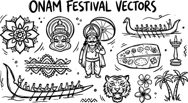 Onam Festival Vector Icons: Traditional Indian Culture, Line Art Illustrations of Boat Race, King Mahabali, Food, and Nature