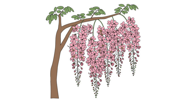 Hanging clusters of pink flowers from a tree branch with green leaves shown in a simple and gracefull botanical illustration on white.