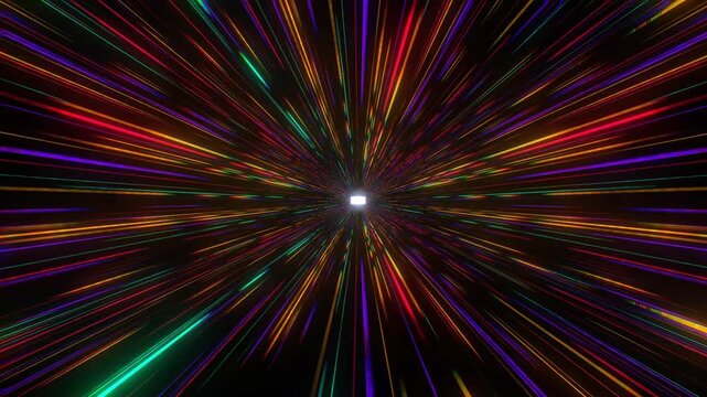 Multicolor laser streaks blast forward through a dark sci-fi warp tunnel in a hyper-fast 3D animation loop bursting with vibrant neon glows
