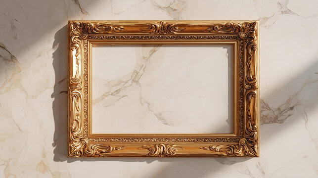 An empty antique golden picture frame with an ornate baroque design hangs as a vintage decoration on a blank wall