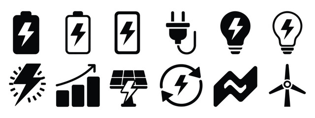 Fototapeta premium Electricity and Energy Icon Set Featuring Lightning Bolt, Battery, Plug, Solar Panel, Wind Turbine and Electrical Safety Symbols for Renewable Power Vector Illustration