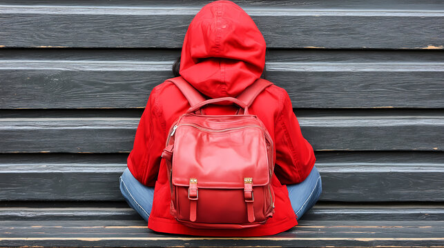 A Person Sitting Backwards with Red Outfit and Backpack