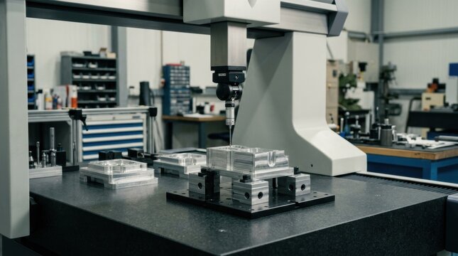 Medium shot of a coordinate measuring machine inspecting a fixed turned part clamped in a custom fixture focusing on detecting runout and dimensional accuracy.
