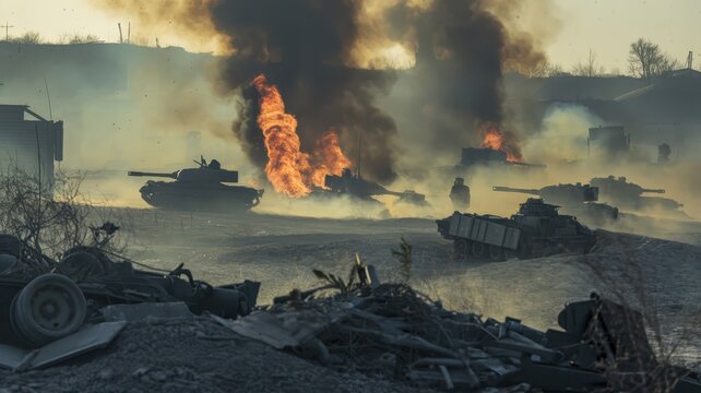 Military conflict scene with tanks and explosions in a warzone, heavy smoke, chaos, destruction, and debris in an intense battlefield environment