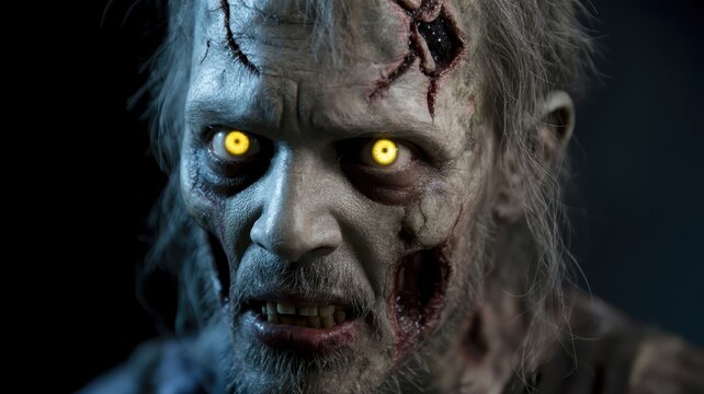 Creepy zombie creature with glowing yellow eyes, mutilated face, and terrified expression, dark horror monster close-up
