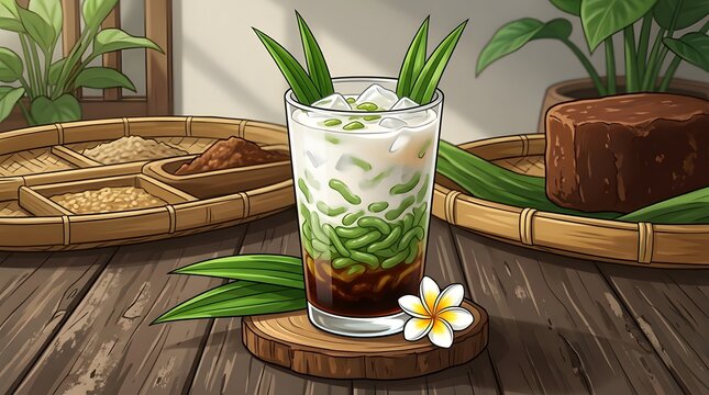 Iced cendol with green jelly, coconut milk, and palm sugar syrup on a rustic table with pandan leaves and frangipani.