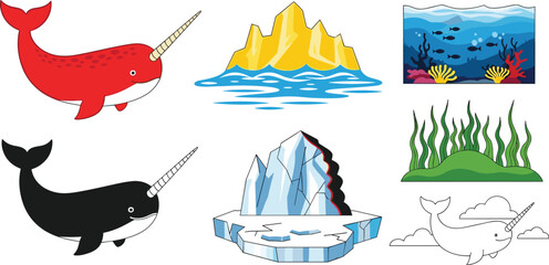 Marine and Ocean Life Icon Set Featuring Narwhals, Icebergs, Coral Reef, Seaweed, and Underwater Scenes for Apps, Websites, and Digital Designs © MdMojnu