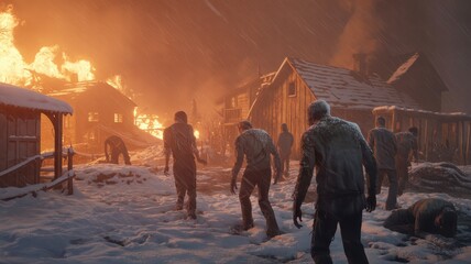 Fototapeta premium Individuals Walking Away from Burning Village During Disaster with Fire and Smoke in Snowy Environment at Night