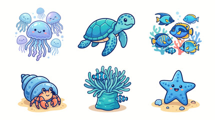 Fototapeta premium A vibrant underwater scene with a smiling jellyfish, turtle, fish, crab, coral, and starfish.