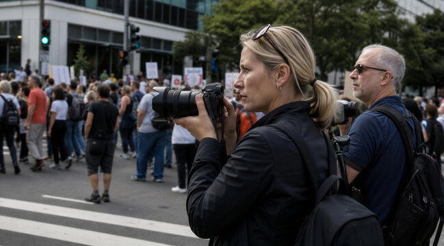 Female photojournalist capturing images of a city protest