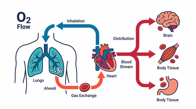 Diagram illustrating oxygen flow in the human body, from lung inhalation and gas exchange to heart distribution via the bloodstream, supplying vital O2 to brain and tissues