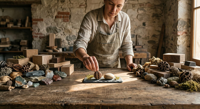 Female artisan in an apron arranging natural stones, wood blocks, and organic elements on a rustic workbench.