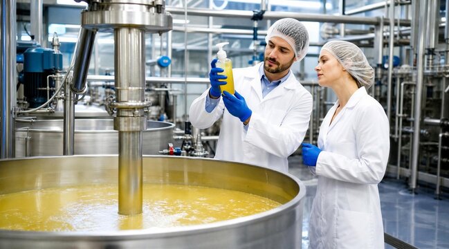 Cosmetic manufacturing scientists checking quality of liquid soap