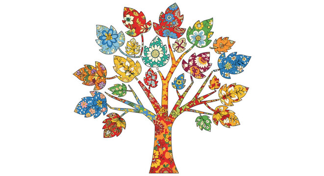 Stylized patchwork tree illustration featuring colorful leaves with various floral and geometric patterns on a clean white background.