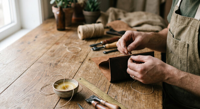 Close-up of an artisan's hands hand-stitching brown leather on a rustic wooden workbench.