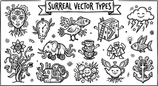 Surreal Art Vector Types: Black and White Line Art Illustrations of Fantasy Creatures, Abstract Objects  Dreamlike Concepts for Creative Design