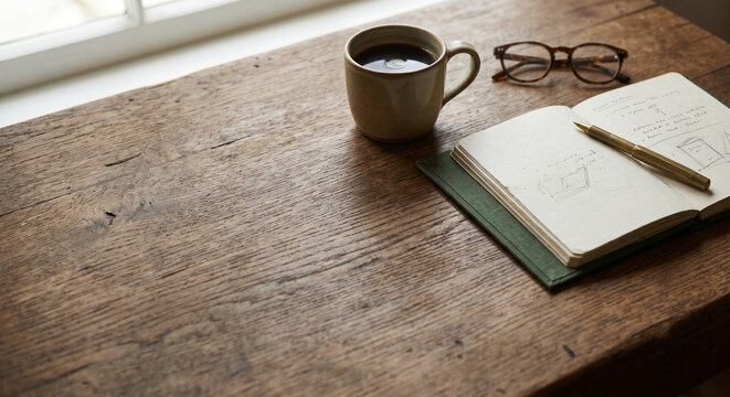 Minimalist morning workspace on a rustic wooden table with an open notebook, coffee, and eyeglasses by a window.