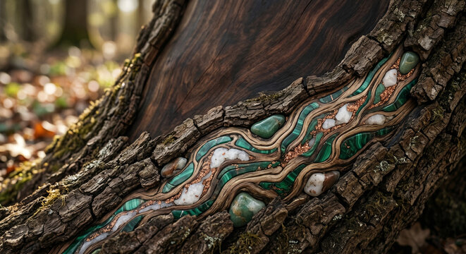 Intricate organic inlay of malachite, white quartz, and copper flowing through rough tree bark.
