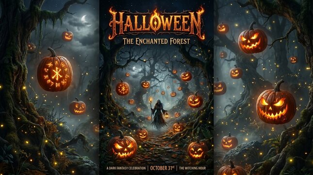 Spooky halloween background with glowing pumpkins in enchanted forest