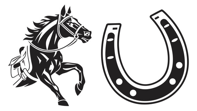 Black silhouette of a rearing horse with a saddle and bridle beside a horseshoe, symbolizing freedom, power, and equestrian sports, suitable for western themes and racing emblems.