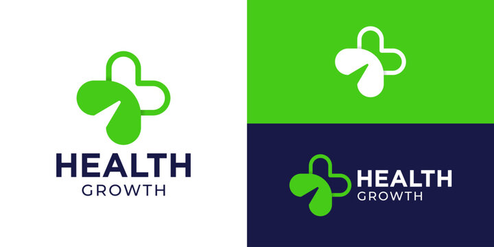 Creative modern health growth logo template. Abstract arrow with cross plus symbol for hospitality clinic logo design vector illustration.