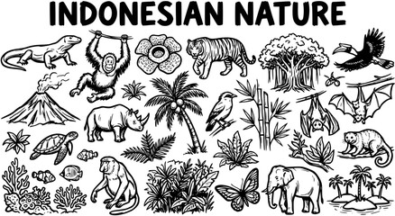 Detailed Black and White Line Art Vector Illustration of Indonesian Nature Wildlife Set including Tropical Animals, Plants, and Famous Landmarks © emerland