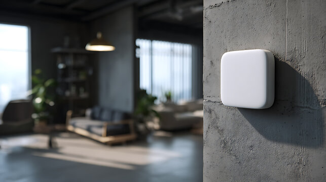 A simple white smart hub mounted on a concrete wall