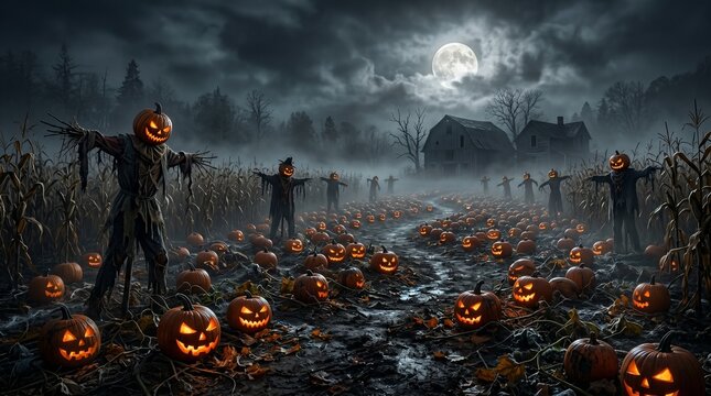 Spooky halloween background with jack o' lanterns scarecrows and haunted house