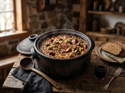 Traditional Polish Hunter's Stew with cabbage and sausage